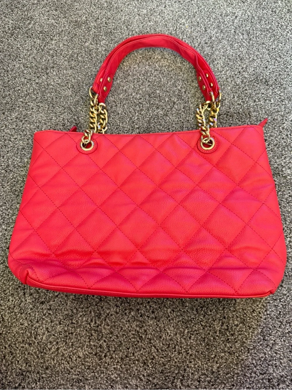 Charming Charlie Quilted Red Shoulder Tote with Gold Chain Handles